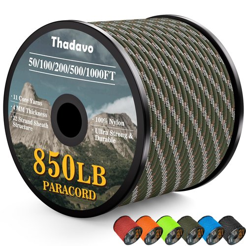 Thadavo 850Ib Reflective ParachuteRope, 50/100/200/500/1000ft 4MM 11 Strand Cords, Survival Paracord Rope Tie Down for Crafting, Tent, Camping, Clotheline, Hiking, Fishing, Camo Green 200FT