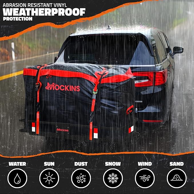 Mockins 48"x18"x6" Heavy Duty Trailer Hitch Cargo Carrier & 15CuFt Waterproof Cargo Bag for Hitch Carrier w/ 4 Packing Cubes | Folding Luggage Rack for SUV/Car & Cargo Carrier Hitch Mount Accessories