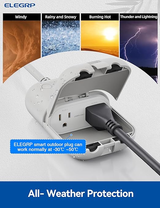 ELEGRP Outdoor Smart Dimmer Plug Waterproof IP66, Smart WiFi Plug with 2 Individually Sockets, Compatible with Alexa & Google Assistant, Outdoor Dimmer for String Lights, UL Listed, 1 Pack, Grey