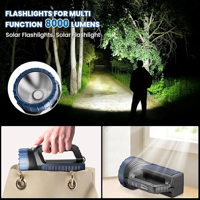 Solar Flashlights, Solar Flashlight for Multi Function 8000 Lumens Led Flashlight with Emergency Strobe Light Emergencies, Led High Lumens, USB C and Large Capacity Battery （2pcs）