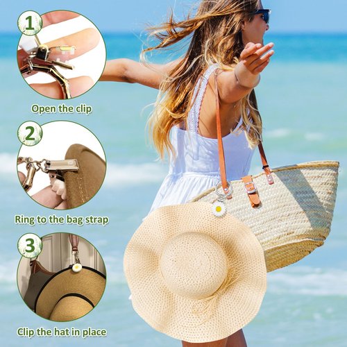 2 Pcs Hat Clip for Travel on Bag- Securely Attach Hats to Bags, Totes, Luggage - Hands-Free, Prevents Loss at Beach/Outings (US, Alpha, One Size, Bamboo Ring, Yellow & White Flowers)