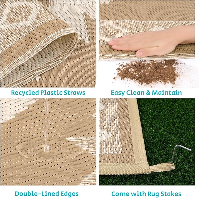 HEBE Outdoor Rug 8'x10' Waterproof for Patios Clearance, Reversible Plastic Straw Rug Camping Carpet, Indoor Outdoor Area Rugs Patio Mats for RV,Picnic,Backyard,Deck,Balcony,Porch