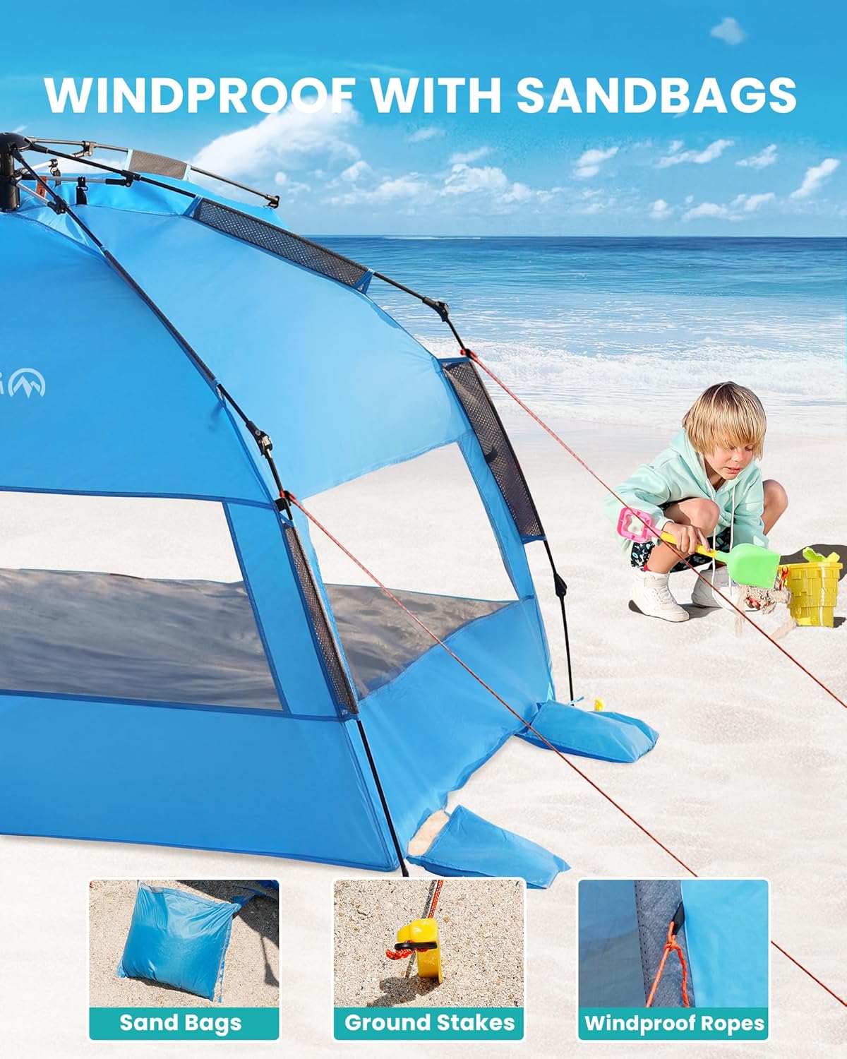 OutdoorMaster Beach Tent Sun Shelter for 3-4 Person, Pop Up Beach Tent Easy Setup with Sandbags, Portable Sun Shade Canopy with Carrying Bag for Beach & Outdoor, UPF50+ UV Protection, Family Size
