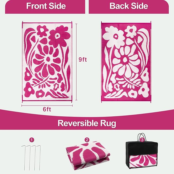 Wonnitar Outdoor Rug 6x9, Waterproof RV Outdoor Rugs for Camping, Reversible Plastic Straw Outside Camping Rug Large Portable Abstract Floral Picnic Mat for Camper Garden Beach Camp (Pink, 6'x9')