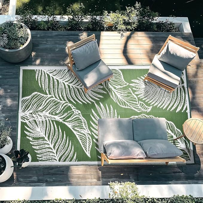 wikiwiki Outdoor Rug, 8x10ft Waterproof Reversible Mat Indoor Outdoor Rugs Carpet, Small Area Rug Plastic Straw Rug for Patio Deck Balcony Pool RV Camping Beach Picnic, Green, Rugscape Series