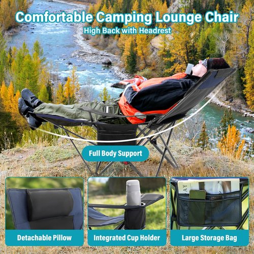 Reclining Camping Chair with Foot Rest, Folding Lounge Chair for Adults,Outdoor Chair Support 300 lbs with Adjustable Backrest &Cup Holder Portable Recliner Beach Chair for Lawn Outside,Navy