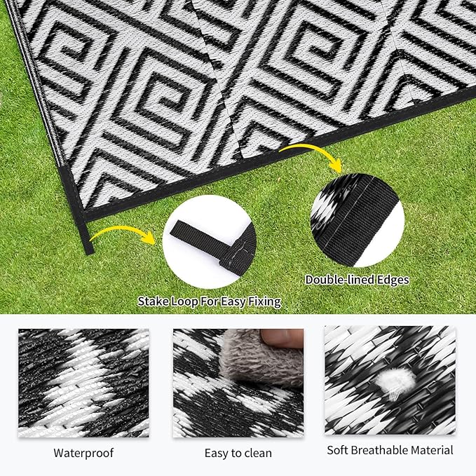 Outdoor Patio Plastic Straw Rug - 5'x8' Outdoor Camping Rug Waterproof Reversible, Area Carpet Patios Clearance RV, Outside Porch Balcony Deck for Camper, Stripe Black & White