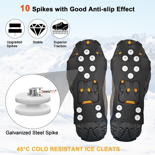 ice Spikes for Shoes - Enhanced Walk Traction Ice Cleat Spikes Crampons with 10 Upgraded Firm Nail Spikes - Stretchable Snow Grips for Secure Footwear Traction During Winter Activities (X-Large)