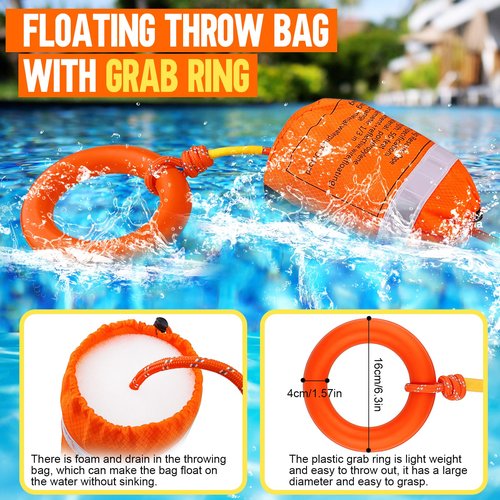 Water Rescue Throw Bag with 50FT Rope in 3/10In, Throwable Floating Device Tensile Strength Rated to 1844lbs with Reflective Strap, Emergency Safety Equipment for Kayaking, Boating, Fishing, Rafting