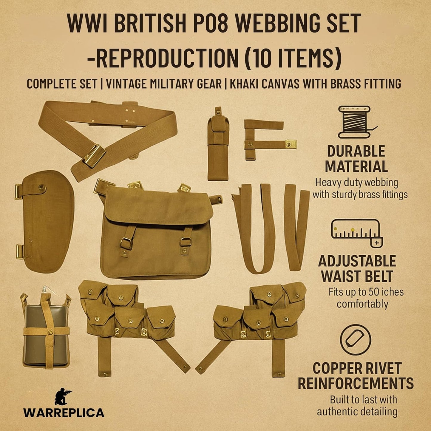 warreplica WWI British P08 Webbing Set (Full Set) Reproduction, Durable and Authentic Design for Collectors, reenactors, and Display use.