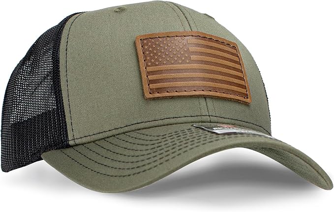 Leather Patch Hat for Men - Richardson 112 Trucker Hat w/Full-Grain Leather Patch, Laser-Engraved, Machine-Stitched