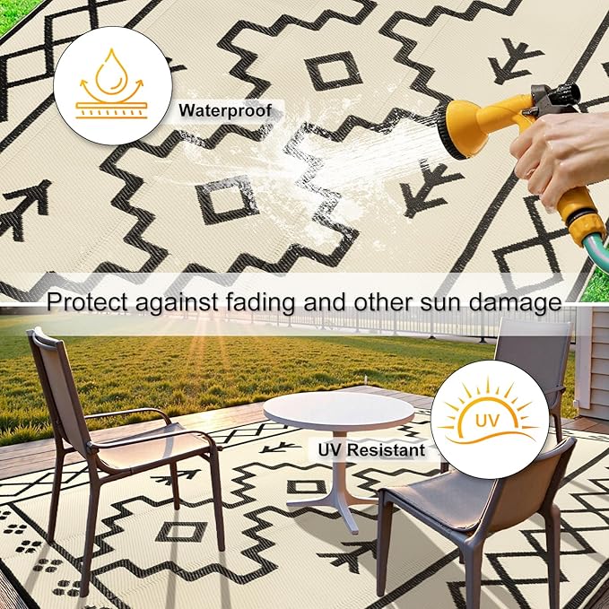 Uphome Outdoor Rug Mat Waterproof 5x8 ft, Reversible Outdoor Plastic Straw Rug, Tan Boho Patio Rug, Foldable RV Camping Rug, Indoor Outdoor Area Rug for Backyard Deck Pool Balcony Picnic, 5'x8'