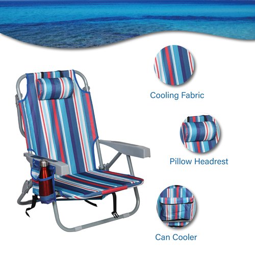 T CACHE Backpack Beach Chair with Straps – Low Beach Chair Backpack with Pillow, High Back, Striped Design, Insulated Pocket