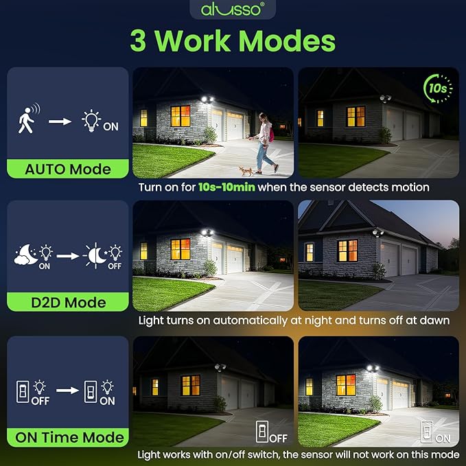 ALUSSO® Motion Sensor Outdoor Lights, 30W 2700LM Flood Lights Outdoor, 3 Modes (Dusk to Dawn/Auto/On Time), 3CCT 3000K/4000K/6500K Waterproof Hardwired Security Light ETL Listed for Porch Garage, 1PC