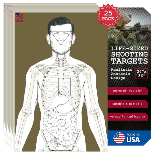 Range Day USA 25 Anatomic Life Size Silhouette Targets for Shooting Range, Firearm Target for Pistol, Rifle, Pellet, BB, Airsoft, and Handguns, 80 lb. Gloss Paper, 24” x 36”