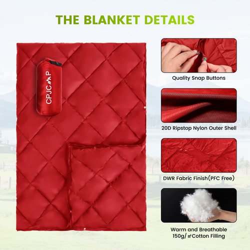 CPJCMP Camping Blanket,Lightweight Puffy Blanket Packable Down Alternative Throw Blanket Waterproof Windproof for Camping, Hiking, Backpacking,Airplane,Outdoors, Travel, Beach, Red, 57” x 78.7”