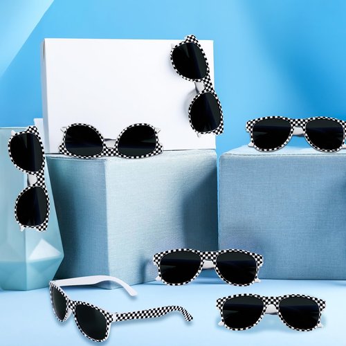 16 Pack Race Car Checkered Sunglasses White Black Frame Checker Sunglasses Bulk for Kids Racing Party Favors Essentials & Gear Up With Hot Car Plastic Glasses for Racing Theme Birthday Party Gifts