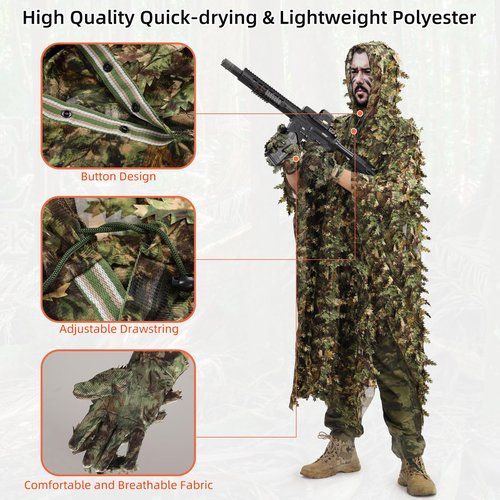 PELLOR Ghillie Suit, 3D Leafy Camo Poncho with Gloves Set, Camouflage Apparel Set for Hunting, Photography, Military, Airsoft, Paintball