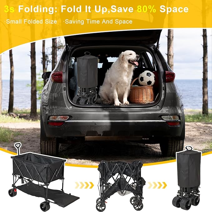 Heavy Duty Collapsible Beach Wagon Cart - 600LBS Capacity Pro-Grade Folding Utility Cart with Extra-Wide All-Terrain Wheels, Locking Brakes Wagon for Camping, Stadium Gear, Beach Transport, Groceries