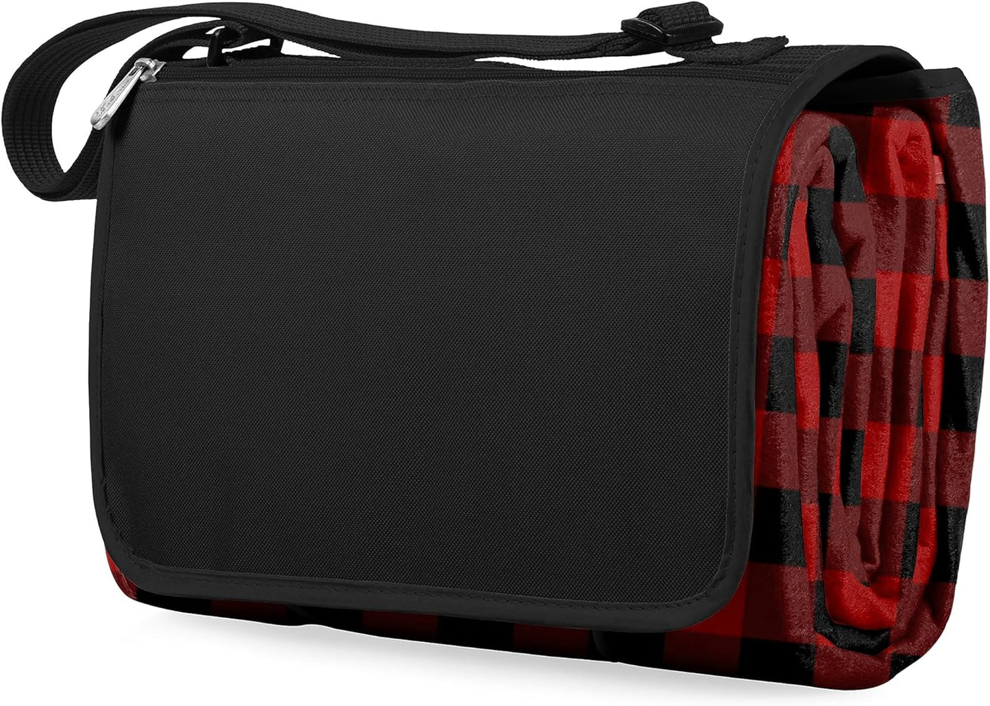 ONIVA by Picnic Time Outdoor Picnic Blanket Tote, 59"x51" Foldable Beach & Camping Blanket with Soft Fleece, Water-Resistant Bottom, Adjustable Strap & Zippered Pocket (Black Tartan, Black Flap)