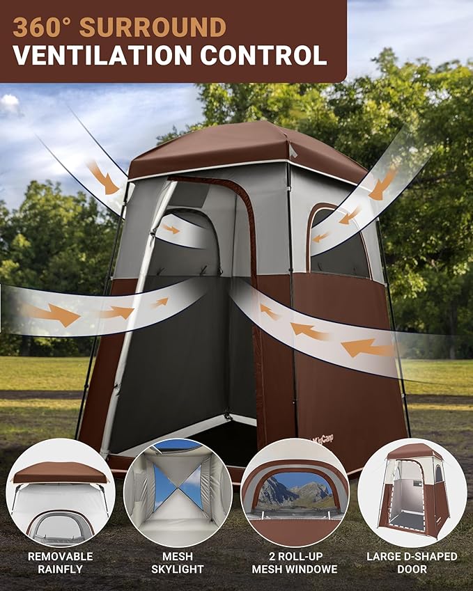 KingCamp Camping Shower Tent, Portable Outdoor Privacy Toilet & Changing Tent Windproof & Waterproof Easy Setup 1 or 2 Room Shelter with Shower Bag for Camping Hiking Beach