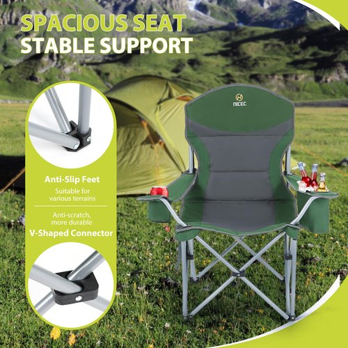 Nice C Camping Chair, Portable Chair, Lawn Chairs, Outdoor Chairs, with Armrest, Cooler Bag, Cup Holder, Side Pocket, for Camping, Traveling, Picnic (Green&Grey 2-Pack)