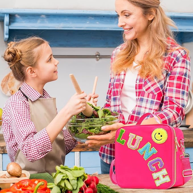 Insulated Lunch Bag Women Lunch Box Kids for Teen Girls Boys, Cute Preppy Lunch Boxes With Adjustable Shoulder Strap, Waterproof Nylon Lunchbox Lunch Bags for School Work Picnic (Rose Red)