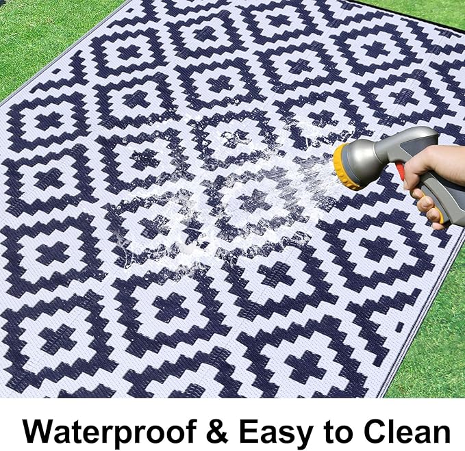 Smiry Waterproof Outdoor Rug 9x12 ft, Reversible Plastic Straw Patio Camping Rugs, Outdoor Indoor RV Mat Carpet for Patio, Outside Entry, Backyard, Deck, Bench, Picnic, Camper, White & Navy