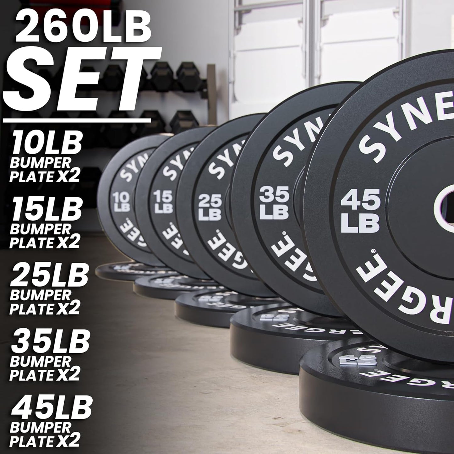 Synergee Bumper Plates – Durable Olympic Weight Plates, Low-Bounce Rubber for Strength Training, Powerlifting, and Functional Workouts.