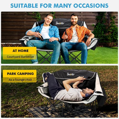 Seaonar Double Camping Chair for Adults Outdoor Folding Chair with 2 Cooler Bags Support 500lbs Heavy Duty Camp Chair for Outdoor Sports Beach - Black&Grey