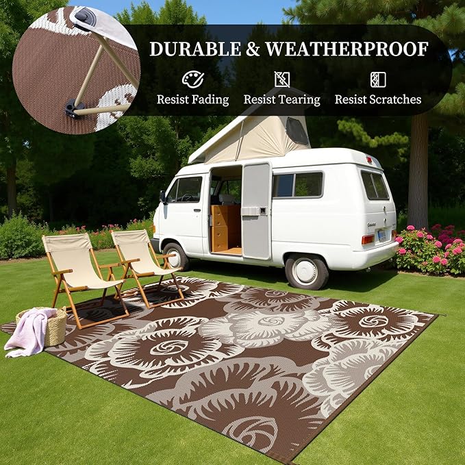 MontVoo Outdoor Rug-Waterproof Patio Rug Mat 6x9 Outdoor Carpet Mat Reversible Plastic Straw Outside Outdoor Rug for RV Camping Picnic Beach Balcony Backyard Pool Deck Farmhouse Floral Beige Brown
