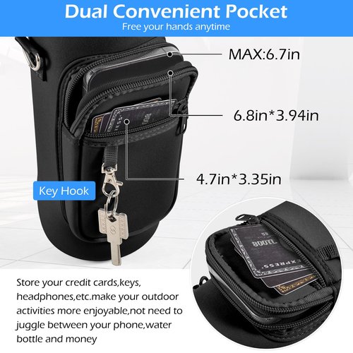 Noxgifix Water Bottle Holder with Strap,Water Bottle Bag,32/40 oz Large Capacity,Adjustable Shoulder Hand Strap,2 Phone Pocket Water Bottle Holder,Water Bottle Accessories for Camping Running Walking