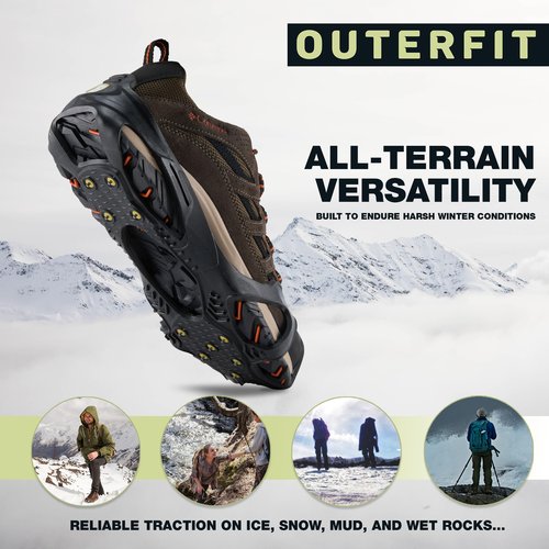 Outerfit Ice Cleats for Shoes and Boots, Non-Slip Crampons with Tungsten Steel Spikes, Snow and Ice Cleats for Hiking, Fishing, Walking