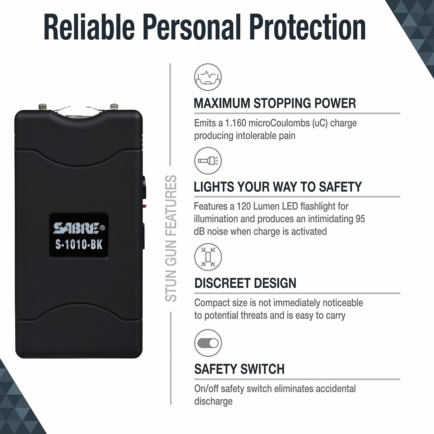 SABRE 2-in-1 Stun Gun with LED Flashlight, Self Defense Stun Gun with Painful 1.160 µC Charge, 120 Lumens, Rechargeable Battery, Easy to Use Safety Switch, Belt Holster for Quick Access