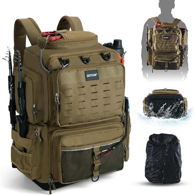 Goture IPX EVA Bottom Fishing Tackle Bag with Rod Holder, Waterproof 600D Fishing Backpack with 8 Lure Pockets & Rain Cover