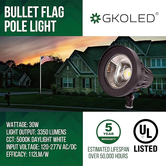 GKOLED 44° Beam Angle 30Watt Bullet/Round LED Spotlight, 120-277V, 5000K Daylight White, 3350 Lumens, Outdoor Landscape Flag Pole Light Fixture, UL Listed, Aluminum, Dark Bronze