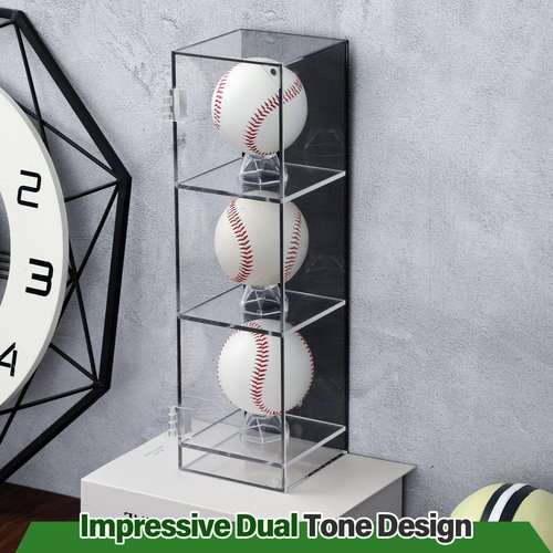 Threehoney 3 Baseball Display Case Cabinet Wall Mount Clear Acrylic Ball Shadow Box for Baseball Tennis Ball Box with Removable Ball Stand Holder Collector Memorabilia Autograph Display Box