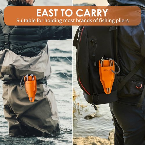 Hikolit Fishing Pliers Sheath with Spring Steel Belt Clip and Coiled Lanyard, Cowhide Leather Holsters for Most Fishing Pliers