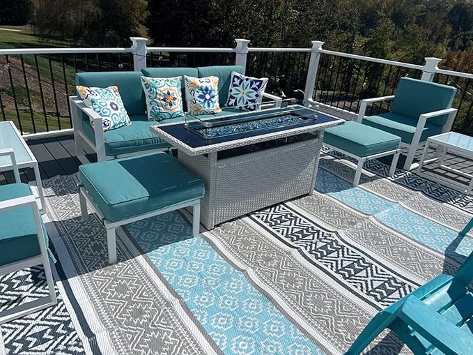 BalajeesUSA Outdoor Plastic Patio Rugs – 9x12, Grey, Teal Durable and Affordable Multipurpose Woven Plastic Straw All-Weather and Waterproof Rug Reversible Camper Mats Large rv mats Outdoor