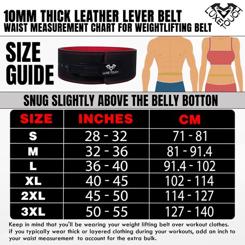 LUXE-TOUCH. 10mm Premium Leather Lever Belt, Squats Deadlifts Bodybuilding Weight Lifting Powerlifting Lever Gym Belt. Lower Spine Support Leather Belt. Premium Quality Belt with Stainless Steel Lever (Red, Medium (32" - 36"))