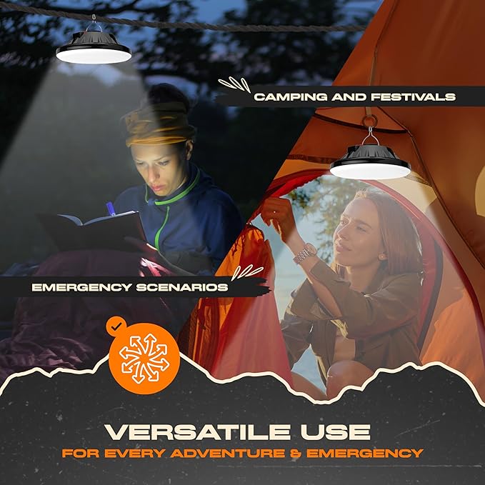 Portable LED Hanging Tent Lights for Camping - Splash Proof IP44 Rated Solar Camping Light Rechargeable - ABS Water Resistant Canopy Lights Outdoor - Chrome Hook for Hanging Downlight - Pack 1