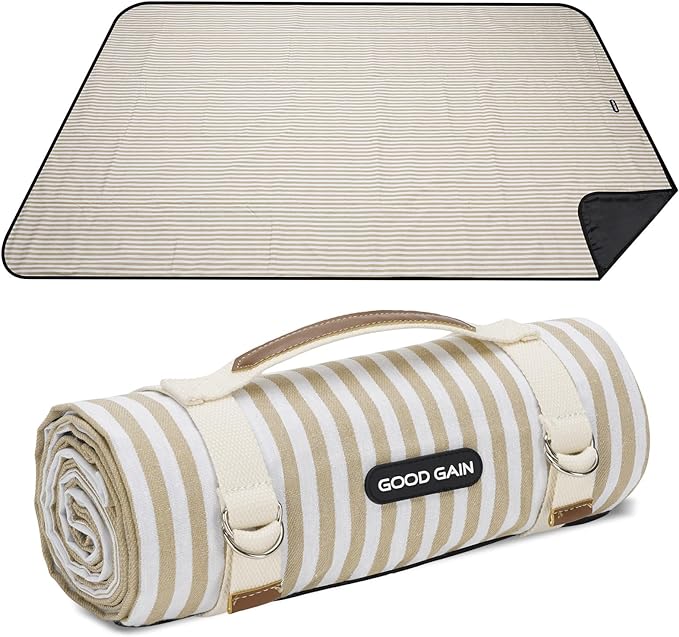 G GOOD GAIN Picnic Blankets Waterproof Extra Large - Outdoor Blanket Sand Free Foldable with Carry Strap for Beach, Camping, Park Grass, Hiking, Travel, Concerts, Indoor (Sand Yellow)