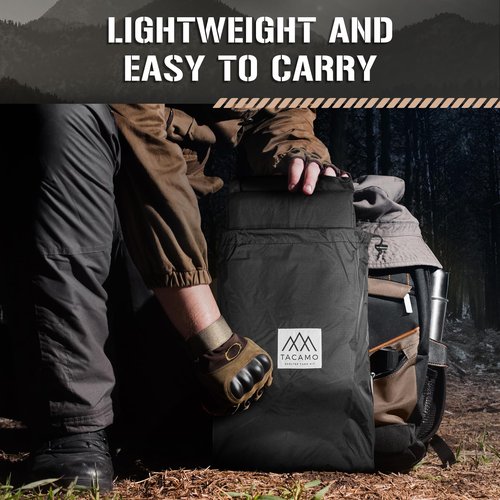 TACAMO Bushcrafter Waterproof Camping Tarp - Lieghweight, Durable, Reflective Shelter Tarp or Rain Fly - Camping Essentials for Hiking, Bushcraft & Hammock, 8 x 8 ft, Black, TAC-STP101-BK