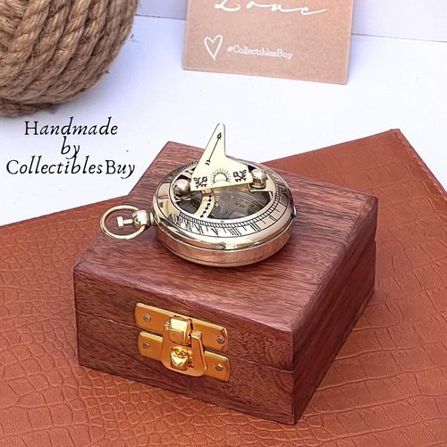 Marine Sundial Compass with Antique Nautical Solid Pocket Compass in Box Vintage Polish with Brass Finish Navigate Device Collection