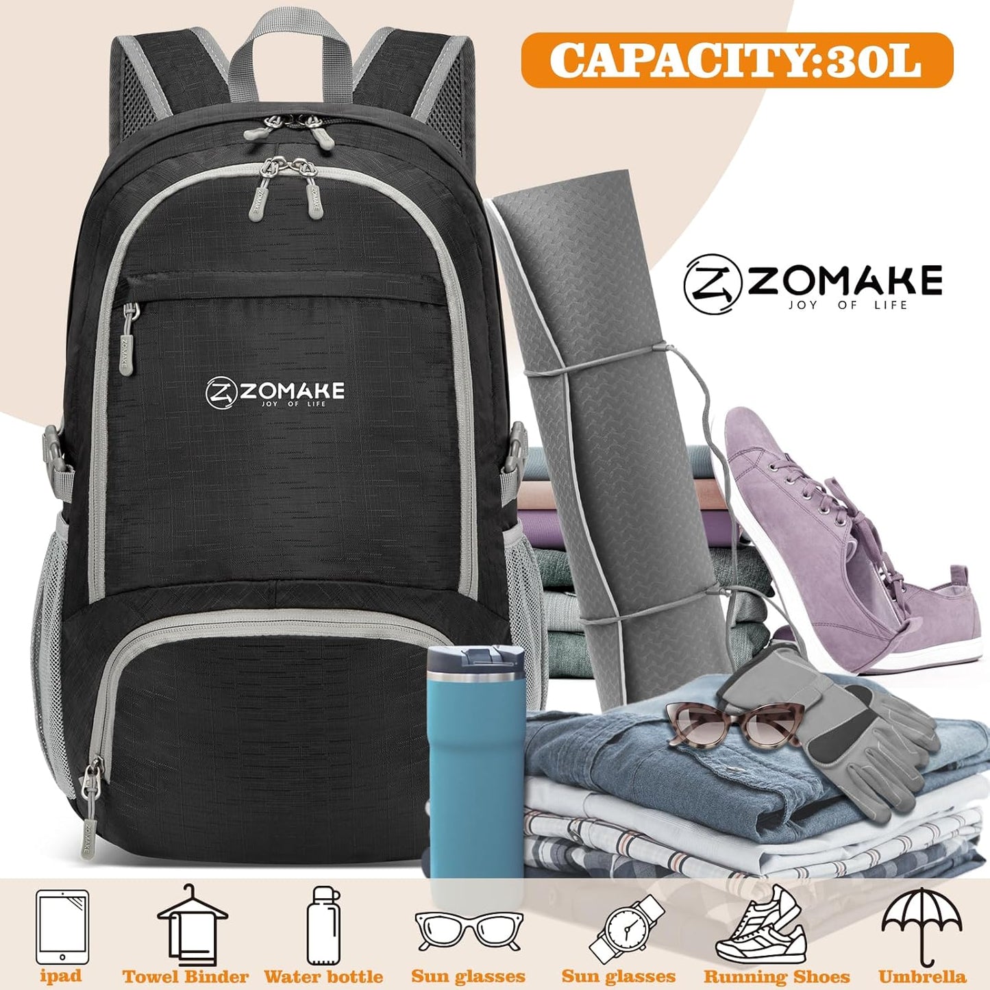 ZOMAKE Lightweight Packable Backpack 30L, Foldable Hiking Backpacks Water Resistant Compact Folding Daypack for Travel(Black)
