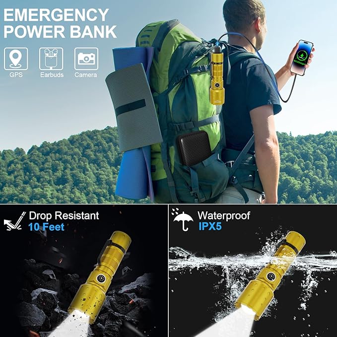 Flashlights High Lumens Rechargeable, 20000 Lumens Super Bright 1500 Meters Long Range Small Powerful Flashlight, 6 Modes LED Tactical Pocket Waterproof Flash Light for Camping (2, Black/Gold)