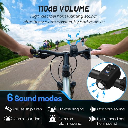 Bike Horn with Light, 110 dB Bicycle 2 in 1 Electric Horn Front Headlight, USB Rechargeable, 6 Sounds and 4 Light Modes Ipx5 Bikes Accessories for Road Mountain Cycling Night Riding. (Black)