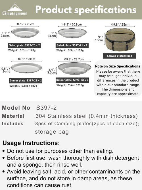 CAMPINGMOON Camping Plates 8pcs set Salad Side Dinner Plate Dishes Outdoor Tableware Stainless Steel with Canvas Case S397-2S