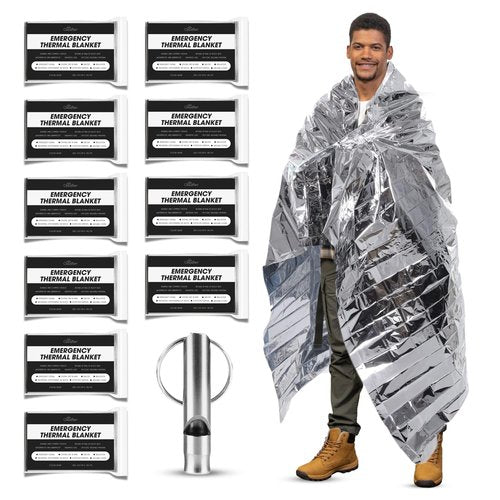 CloudTen Premium Quality Emergency Blanket Bundle | 10 Tear Resistant Blankets Plus Emergency Whistle | Reusable Emergency Mylar Blankets for Survival Gear and Supplies or Camping Essentials