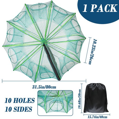 10 Sides 10 Holes Fishing Bait Trap, 32 * 10 Inch Portable Folded Fishing Nets for Minnow Crab Shrimp Crawdad, Upgrade Nylon Mesh Net Fishing Equipment
